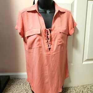 New York & Company Lace-Up Blouse in Coral